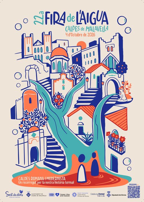 Cartel de la 22a Fira de l'Aigua de Caldes de Malavella 2026, con una ilustración en acuarela del pueblo, sus edificios modernistas y el curso de agua que los recorre.