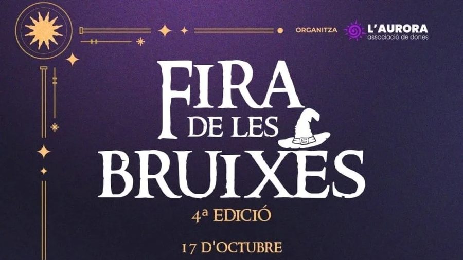 Cartel de una edición anterior de la Fira de les Bruixes de Lloret de Mar, en tonos morados y dorados.
