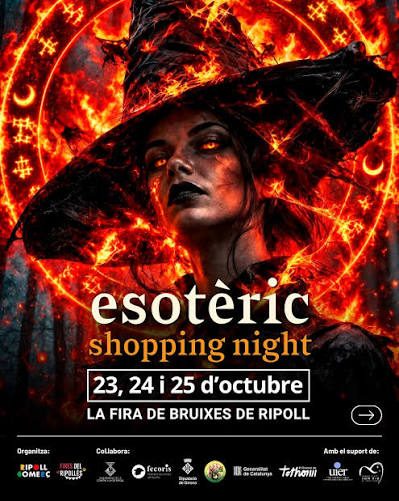Cartel de Esotèric Shopping Night de Ripoll 2026, con una figura de bruja entre motivos de fuego.