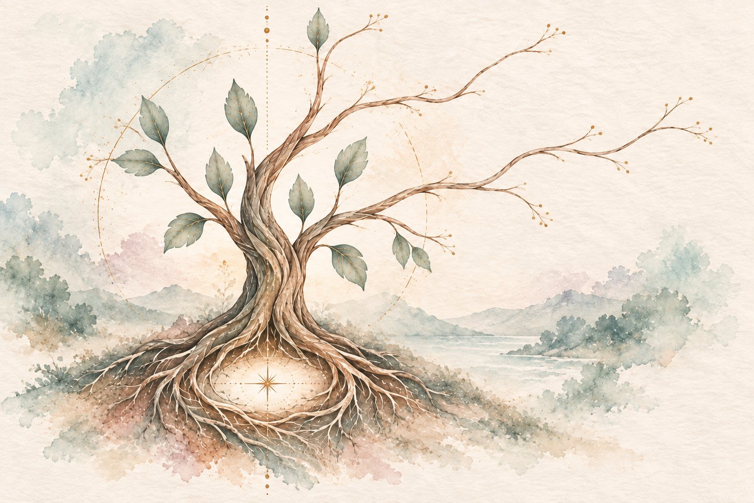Árbol en acuarela, símbolo de los encuentros y círculos de PL Tarot.