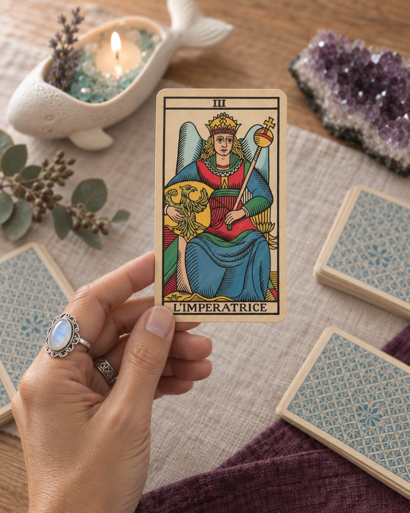 Una mano sostiene la carta de la Emperatriz del Tarot de Marsella junto a una vela, una amatista y la baraja.