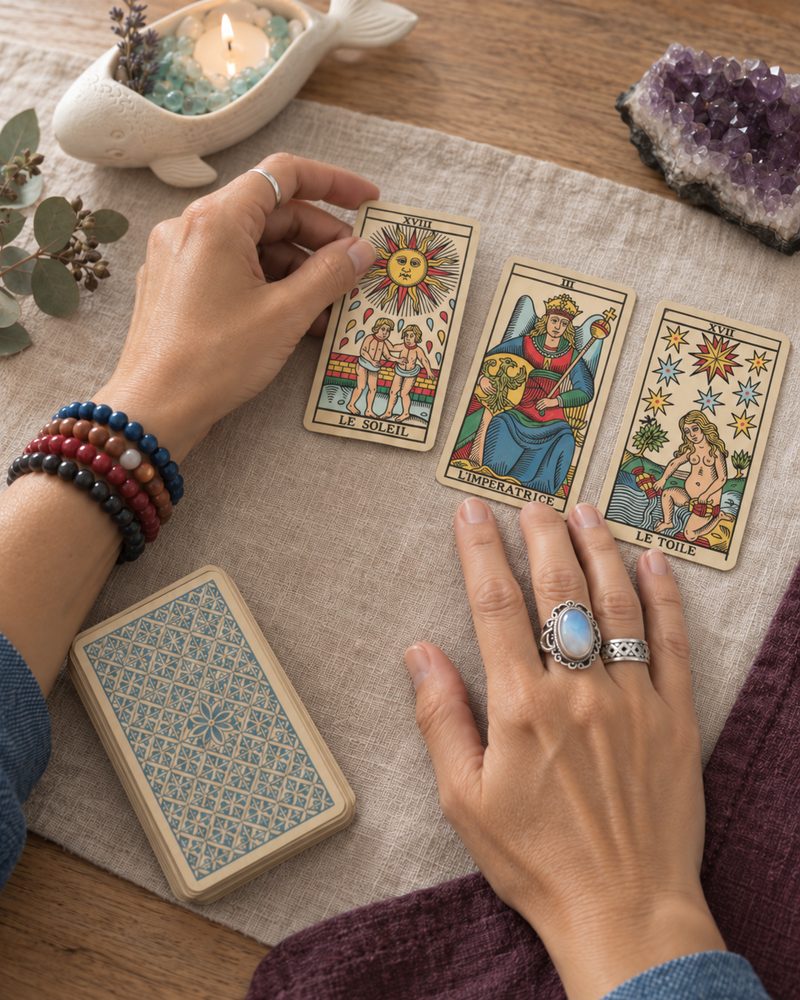 Manos junto a tres cartas del Tarot de Marsella: el Sol, la Emperatriz y la Estrella.