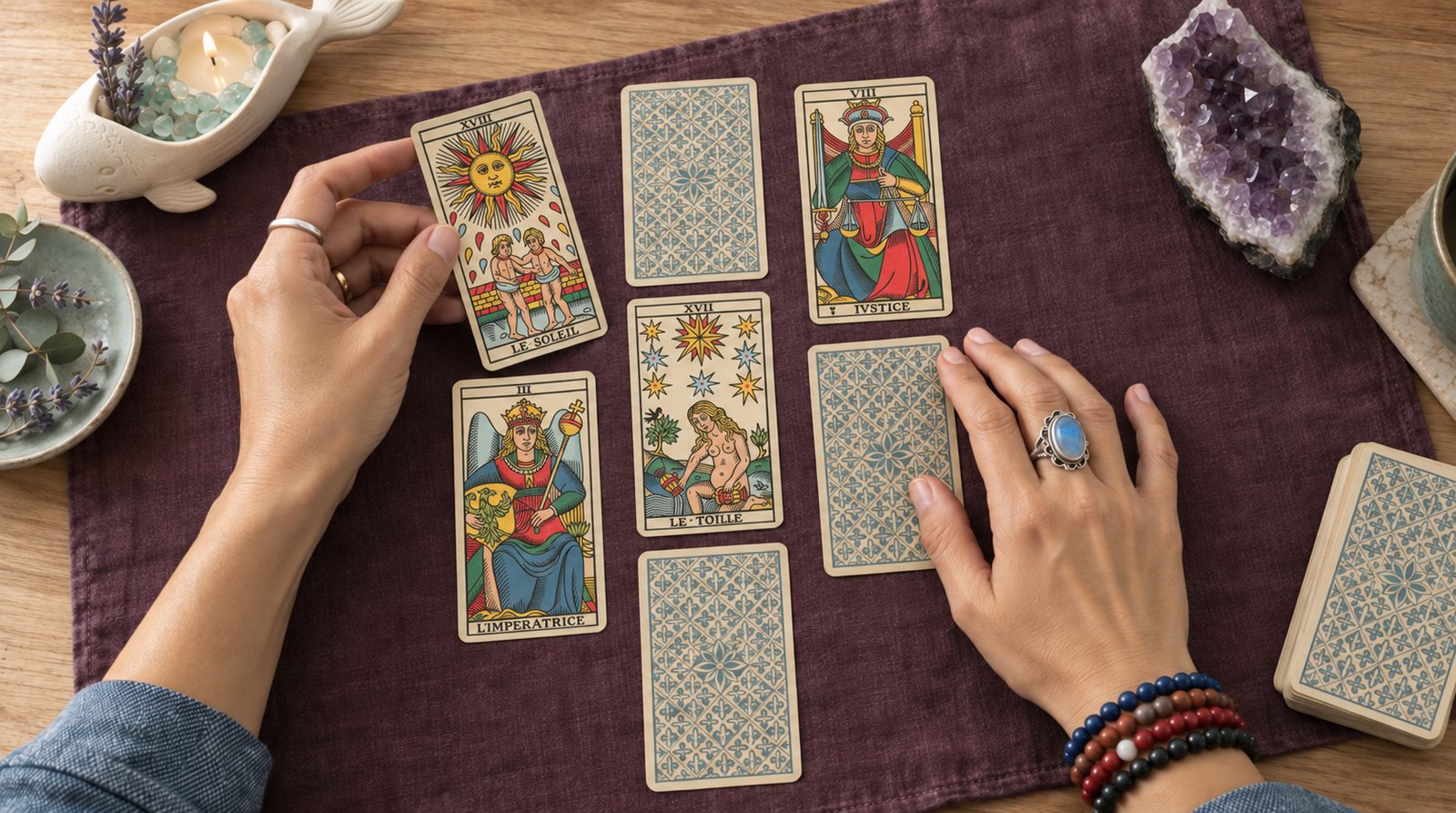 Manos disponiendo varias cartas del Tarot de Marsella sobre una tela color ciruela.