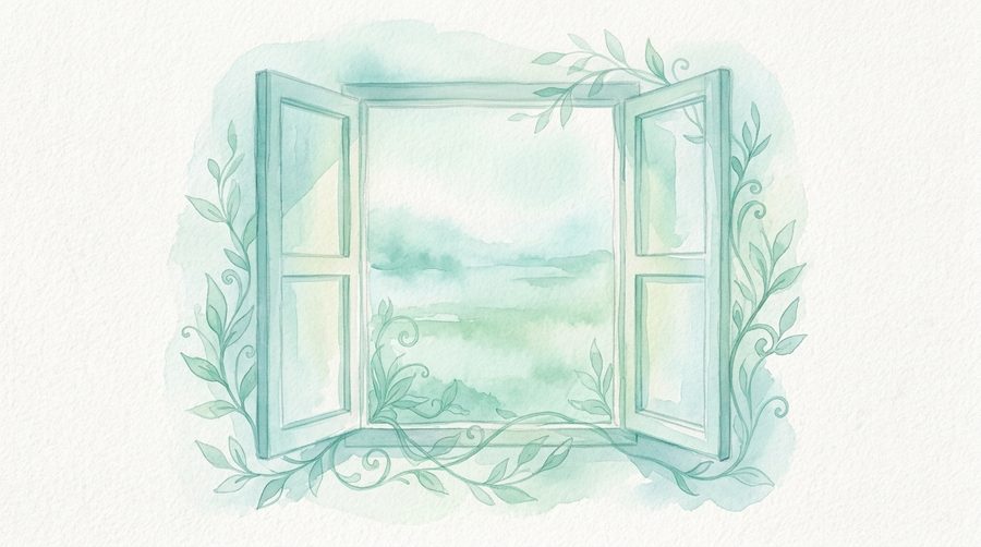 Ventana abierta hacia un paisaje en acuarela verde menta.