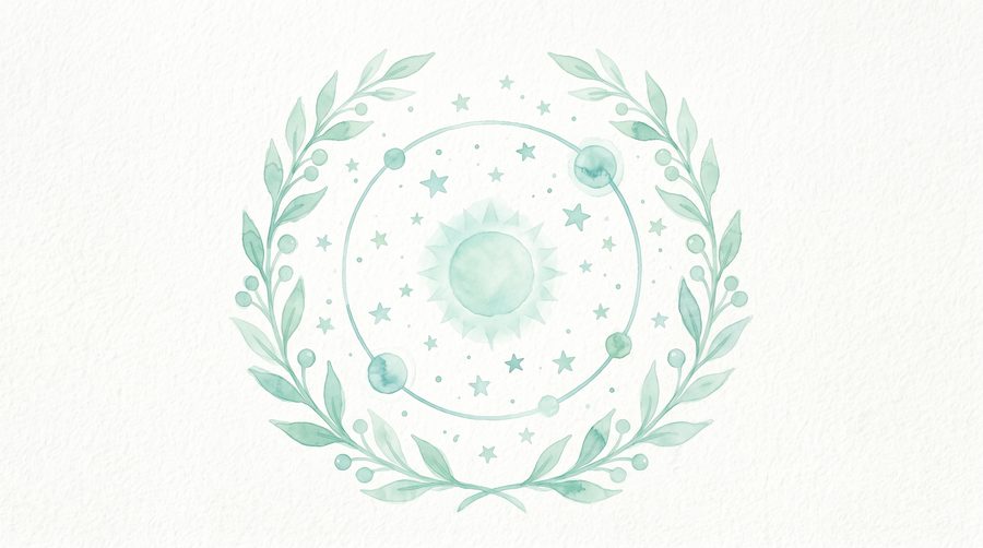 Sol central rodeado de estrellas y órbitas en acuarela verde menta.