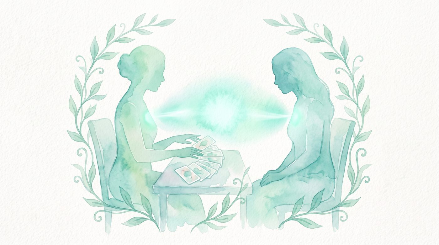 Dos mujeres durante una lectura de Tarot, representadas en acuarela verde menta.