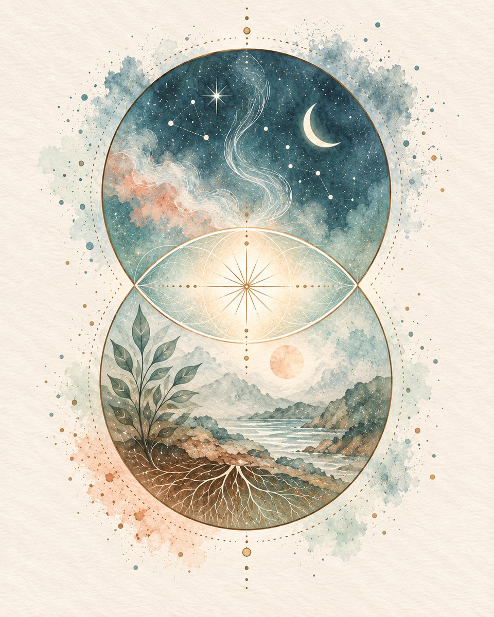 Ilustración de la vesica piscis: dos círculos, cielo y tierra, que se encuentran en el centro.